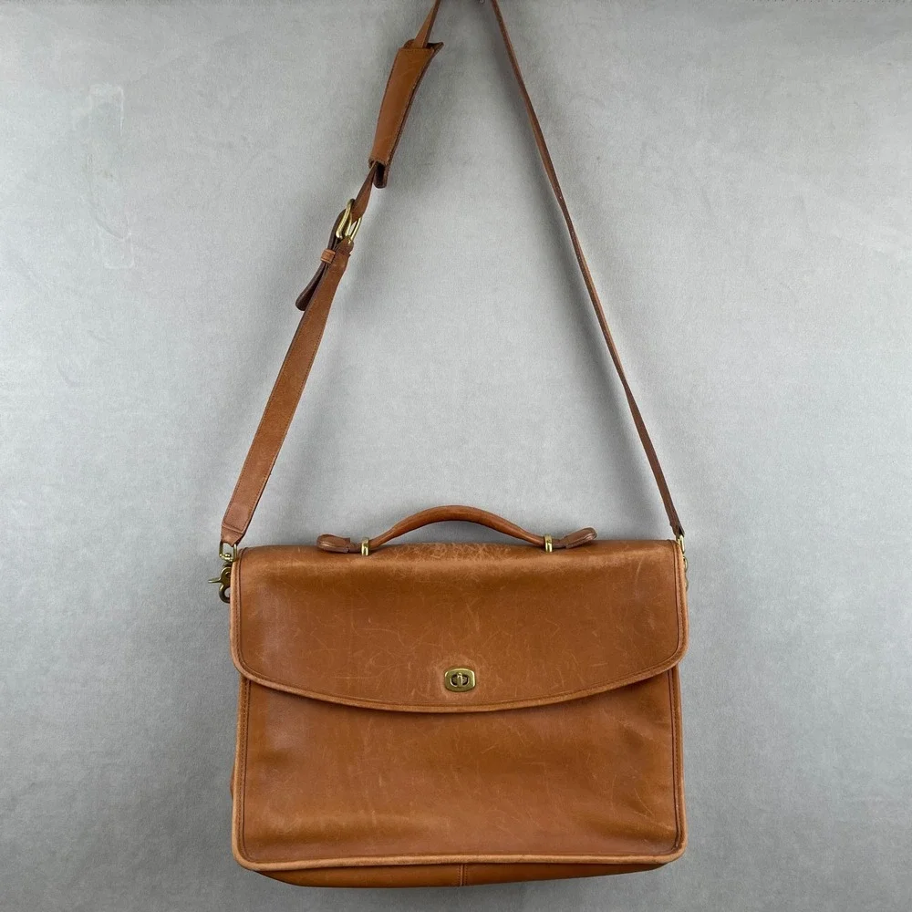 Vintage 90s Coach Lexington Briefcase British Tan Leather USA Messenger Bag 5265